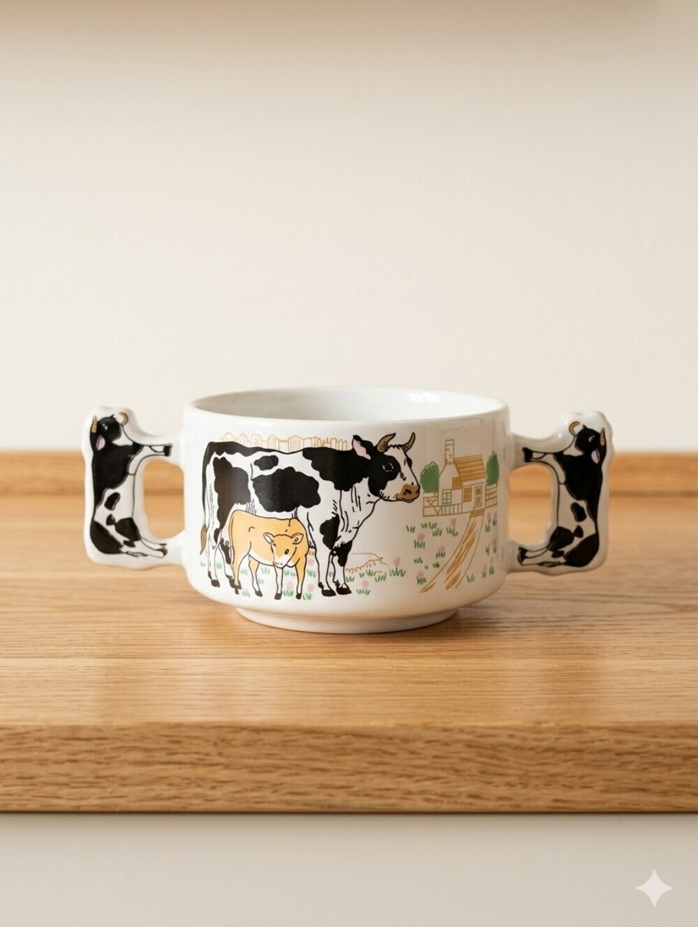 Vintage Holstein Cow Soup Bowl Double Handle | Farmhouse Country Ceramic Mug